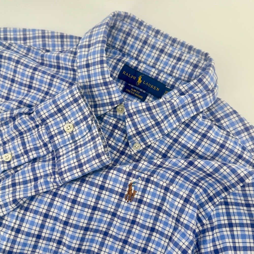 Ralph Lauren Shirt Mens XL Blue Plaid Slim Fit Stretch Oxford Button Down Modern - Picture 1 of 8